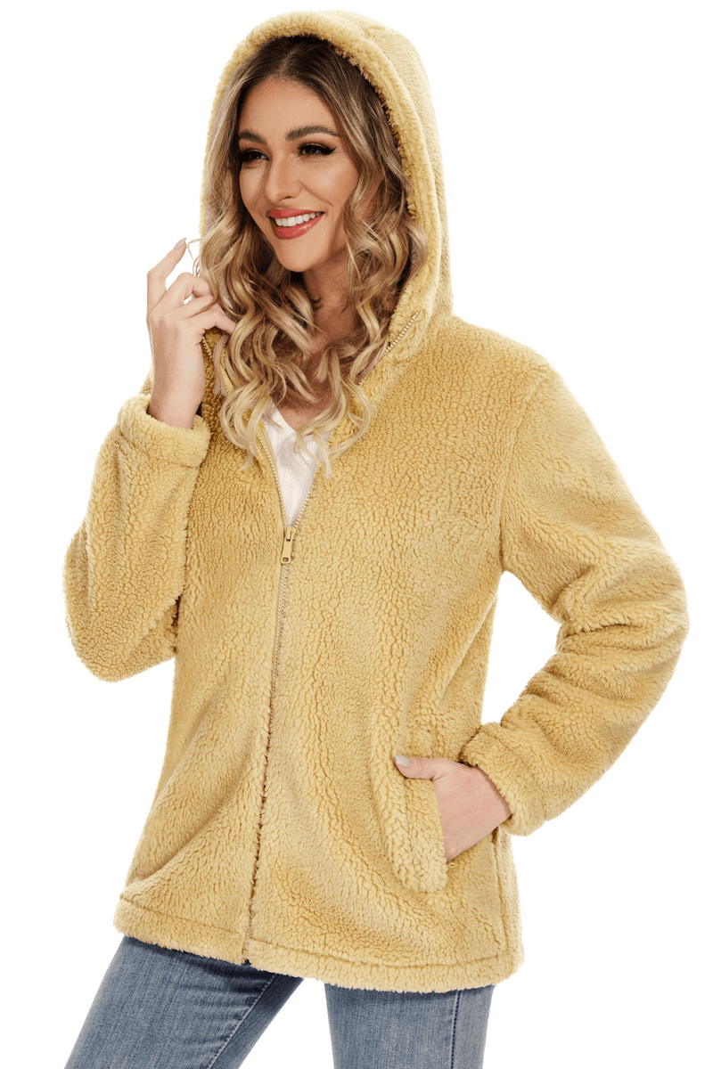 Stylish Fluffy Women's Jacket with Hood featuring a zipper, perfect for cozy warmth in colder weather.